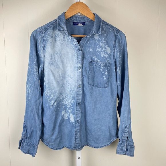 Simply  Styled Tops - Simply Styled Upcycled DIY Bleach Distressed Blue Lyocell Top‎ Shirt Medium